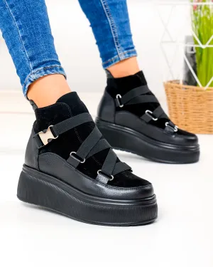 Ghete - Ghete scurte dama piele naturala si piele naturala intoarsa negre cu talpa groasa PCI084