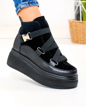 Ghete scurte dama piele naturala si piele naturala intoarsa negre cu talpa groasa PCI084