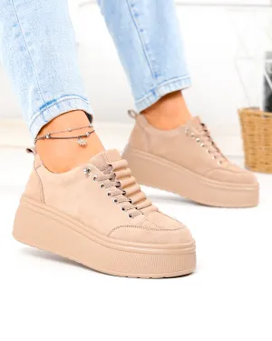 Pantofi Casual - Pantofi casual dama din piele naturala intoarsa khaki cu talpa inalta F002-670