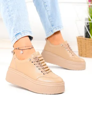 Pantofi casual dama din piele naturala khaki cu talpa inalta F002-670