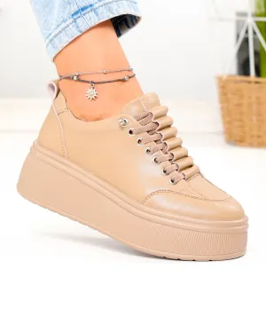 Pantofi Casual - Pantofi casual dama din piele naturala khaki cu talpa inalta F002-670