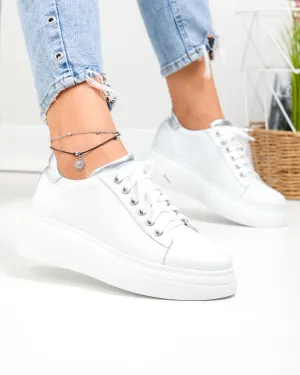Pantofi casual dama piele naturala albi cu argintiu PC206
