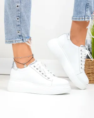 Pantofi Casual - Pantofi casual dama piele naturala albi cu argintiu PC206