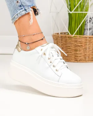 Pantofi Casual - Pantofi casual dama piele naturala albi cu auriu si inchidere sireturi PC207