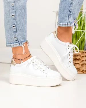 Pantofi casual dama piele naturala albi cu auriu si inchidere sireturi PC207