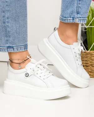 Pantofi Casual - Pantofi casual dama piele naturala albi cu talpa groasa si detaliu lateral T-5807