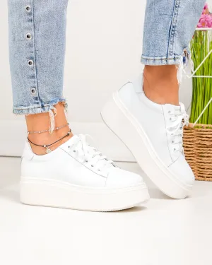 Pantofi casual dama piele naturala albi cu talpa groasa si inchidere sireturi PC207