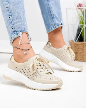 Pantofi casual dama piele naturala bej cu inchidere sireturi si detaliu auriu T-2820