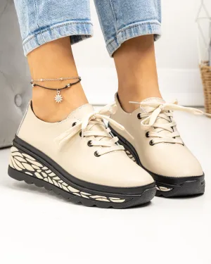 Pantofi Casual - Pantofi casual dama piele naturala bej cu negru si talpa groasa JY5096