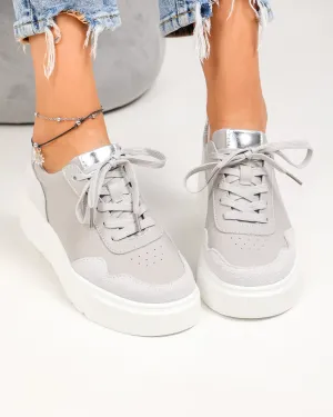 Pantofi casual dama piele naturala gri cu varf rotund si inchidere sireturi F002-459