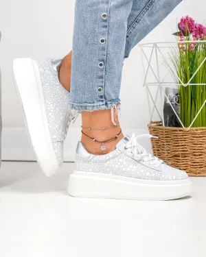 Pantofi casual dama piele naturala intoarsa albi cu model lucios F002-426A