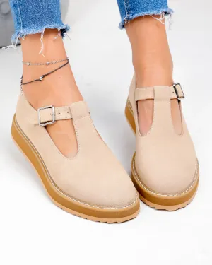 Pantofi casual dama piele naturala intoarsa bej cu inchidere catarama  WIZ0126