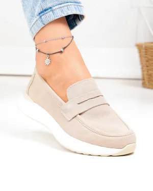 Pantofi casual dama piele naturala intoarsa bej cu talpa flexibila T-2810