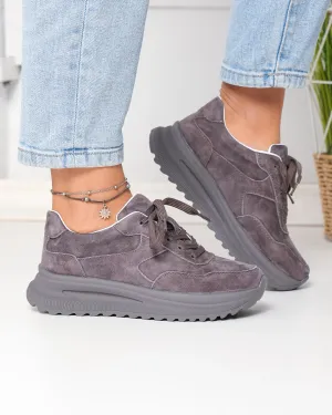 Pantofi casual dama piele naturala intoarsa gri inchis cu talpa groasa F001-989