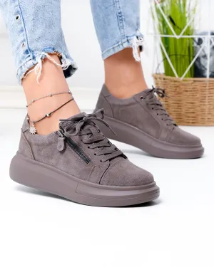 Pantofi casual dama piele naturala intoarsa gri inchis cu varf rotund F002-651