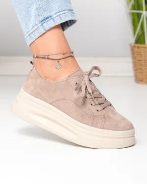 Pantofi casual dama piele naturala intoarsa kaki cu inchidere sireturi F007-997