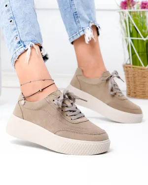 Pantofi Casual - Pantofi casual dama piele naturala intoarsa kaki cu inchidere sireturi si varf rotund F001-924