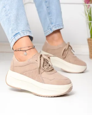Pantofi casual dama piele naturala intoarsa kaki cu talpa inalta si inchidere sireturi F002-673