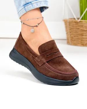 Pantofi casual dama piele naturala intoarsa maro cu inchidere slip-on T-2810