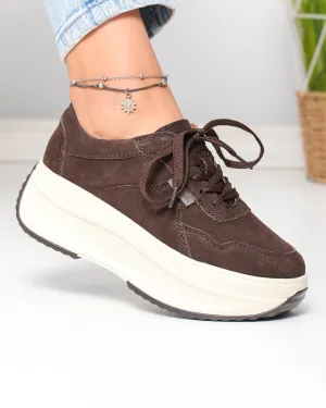 Pantofi Casual - Pantofi casual dama piele naturala intoarsa maro inchis cu inchidere sireturi F002-673