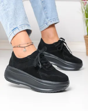 Pantofi casual dama piele naturala intoarsa negri cu inchidere sireturi F002-673