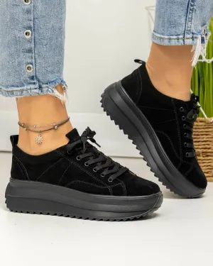 Pantofi casual dama piele naturala intoarsa negri cu talpa groasa F001-750