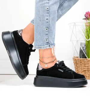 Pantofi casual dama piele naturala intoarsa negri cu varf rotund F002-444