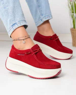Pantofi Casual - Pantofi casual dama piele naturala intoarsa rosii cu inchidere siret elastic si talpa groasa F002-672