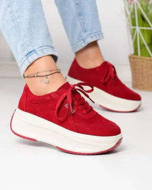 Incaltaminte Dama - Pantofi casual dama piele naturala intoarsa rosii cu talpa groasa si inchidere sireturi F002-673