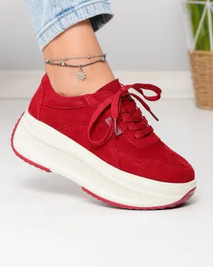 Pantofi casual dama piele naturala intoarsa rosii cu talpa groasa si inchidere sireturi F002-673