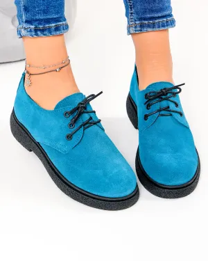 Pantofi casual dama piele naturala intoarsa turcoaz cu talpa neagra PC857