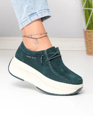 Incaltaminte Dama - Pantofi casual dama piele naturala intoarsa verde inchis cu talpa groasa F002-672