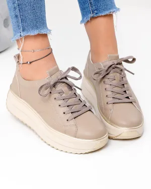 Pantofi casual dama piele naturala kaki cu talpa groasa si inchidere sireturi F001-750