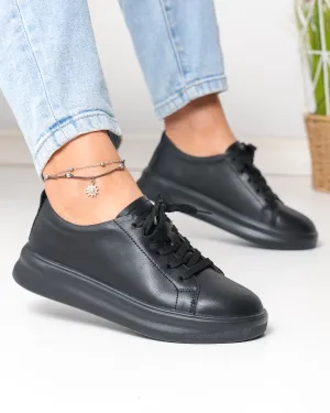 Pantofi Casual - Pantofi casual dama piele naturala negri cu inchidere sireturi si varf rotund F001-A09