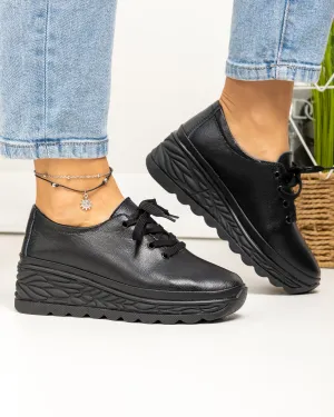 Pantofi casual dama piele naturala negri cu talpa groasa JY5096