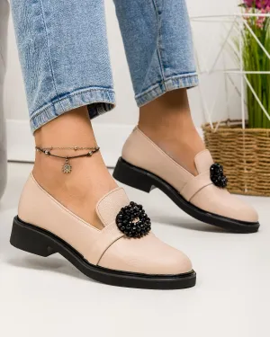 Pantofi casual dama piele naturala roz pudra cu accesoriu frontal si inchidere slip-on PC823-2