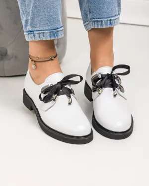 Pantofi casual piele naturala albi cu inchidere siret tip panglica PC806