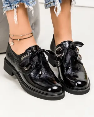 Pantofi Casual - Pantofi casual piele naturala lucioasa negri cu siret tip panglica PC806