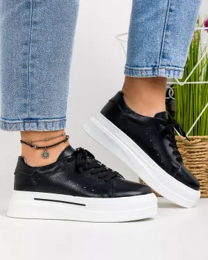 Mega Reduceri - Pantofi casual piele naturala negri cu talpa alba si inchidere siret AW473