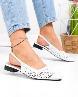 Pantofi dama piele naturala albi cu toc gros si model perforat SN4010