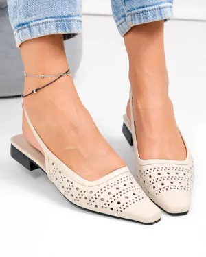 Pantofi dama piele naturala bej perforati cu toc mic SN4010