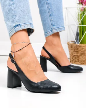 Pantofi dama piele naturala negri cu toc gros si perforatii exterioare XT24061