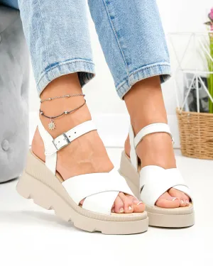 Sandale Dama - Sandale dama piele naturala albe cu talpa tip platforma PV977-1