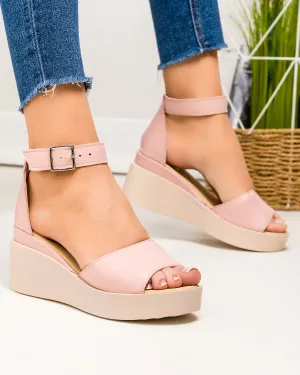Sandale dama piele naturala roz cu talpa bej tip platforma si inchidere catarama PV959