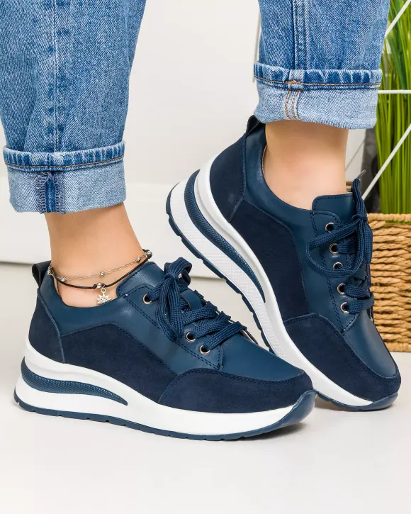 Pantofi casual piele naturala si piele naturala intoarsa bleumarin T-5100