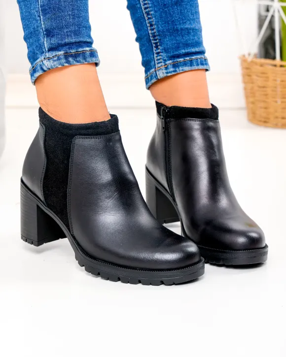 Botine dama piele naturala negre cu toc gros si insertie piele intoarsa PCI085