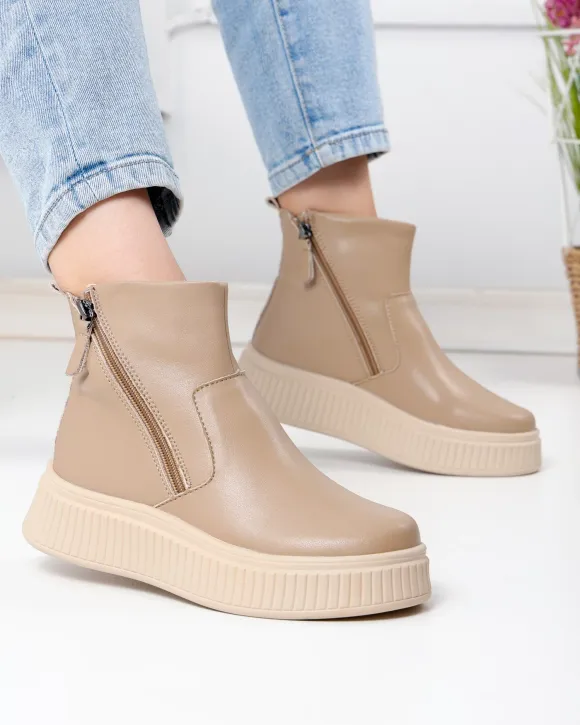 Ghete captusite dama piele naturala kaki cu inchidere fermoare laterale T7007