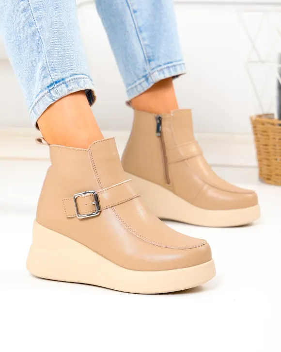 Ghete dama din piele naturala khaki cu talpa inalta T-2658