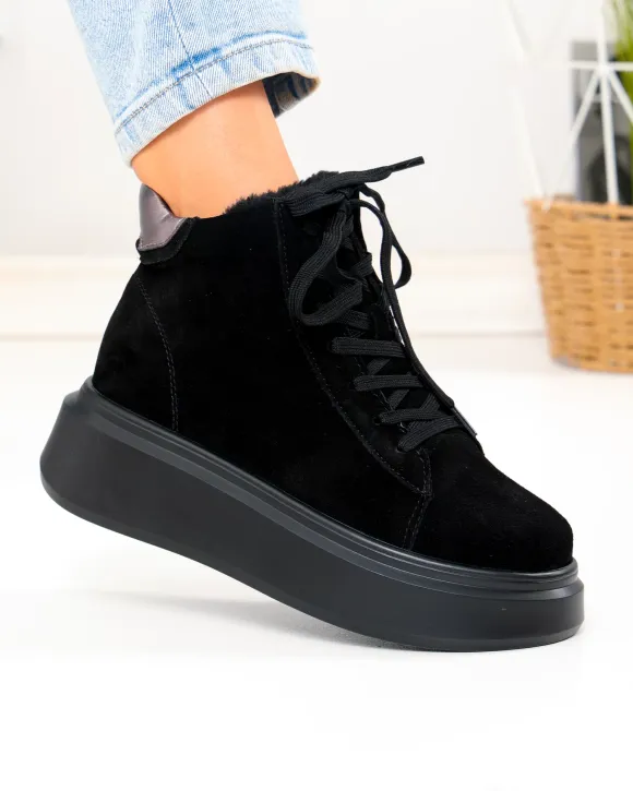 Ghete dama piele naturala intoarsa negre cu platforma F002-444B