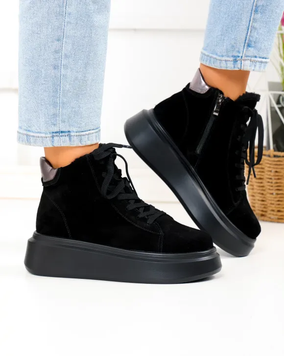 Ghete dama piele naturala intoarsa negre cu platforma F002-444B